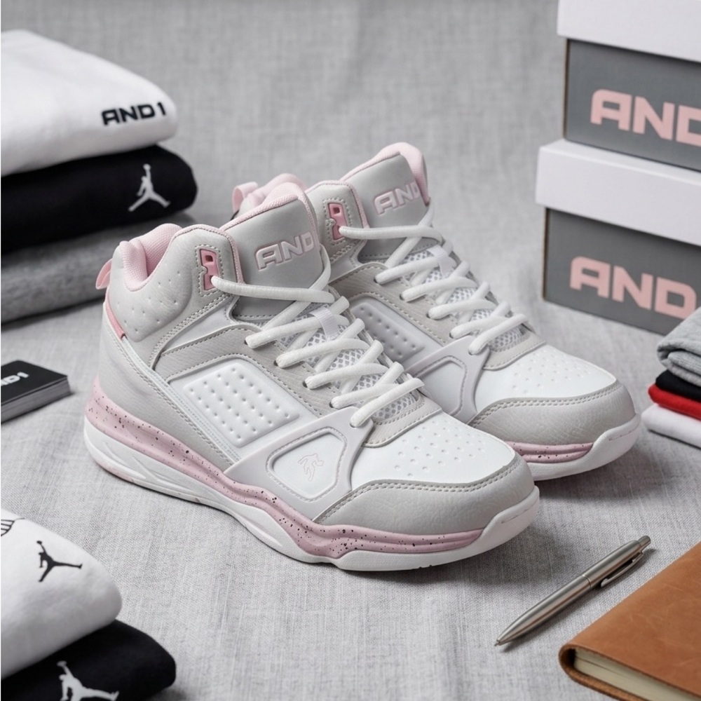 And1 White and Light Pink Women’s High-Top Sneakers